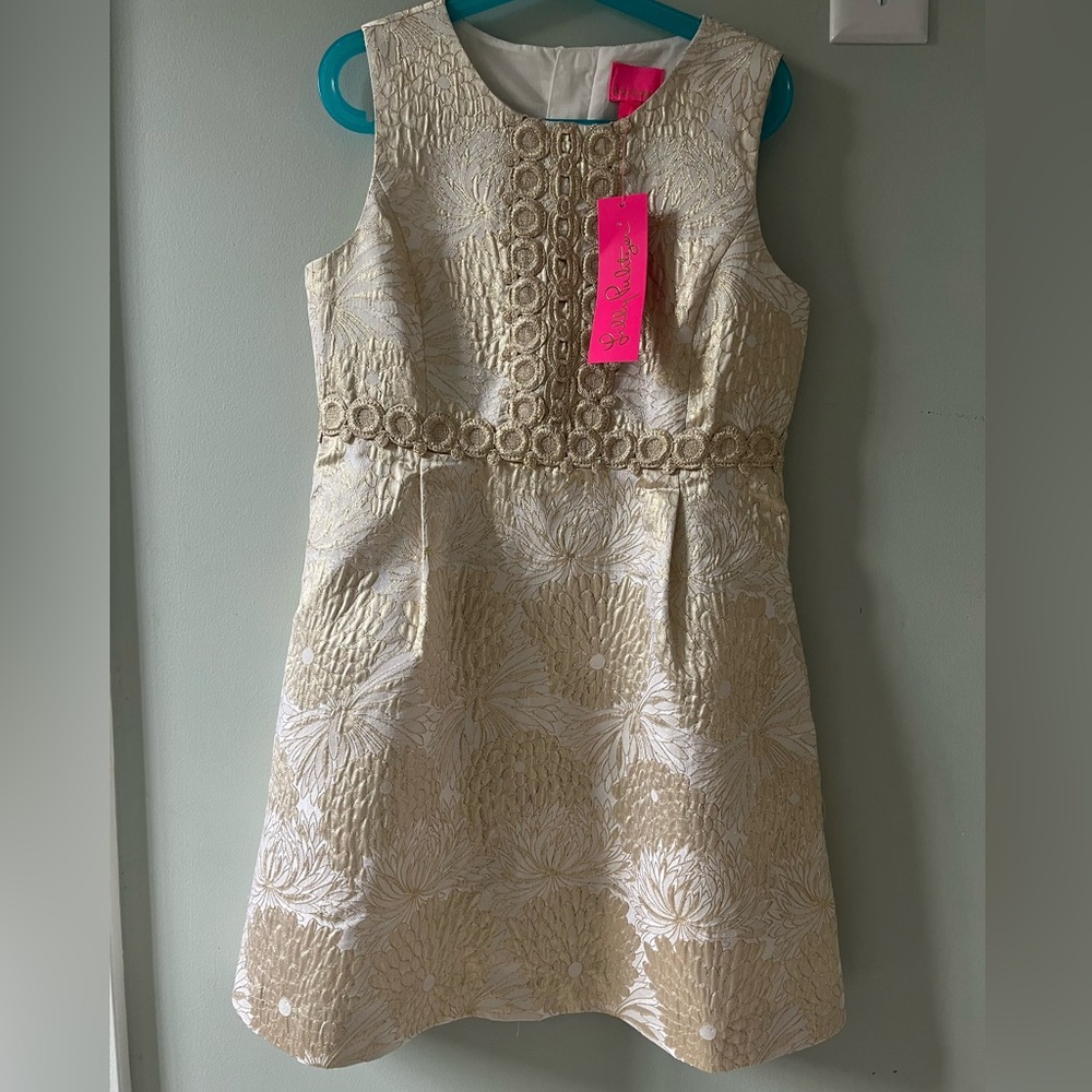 NWT Lilly Pulitzer girls 12 Gold Jacquard Dress Mini Claire in Bloom Brocade
